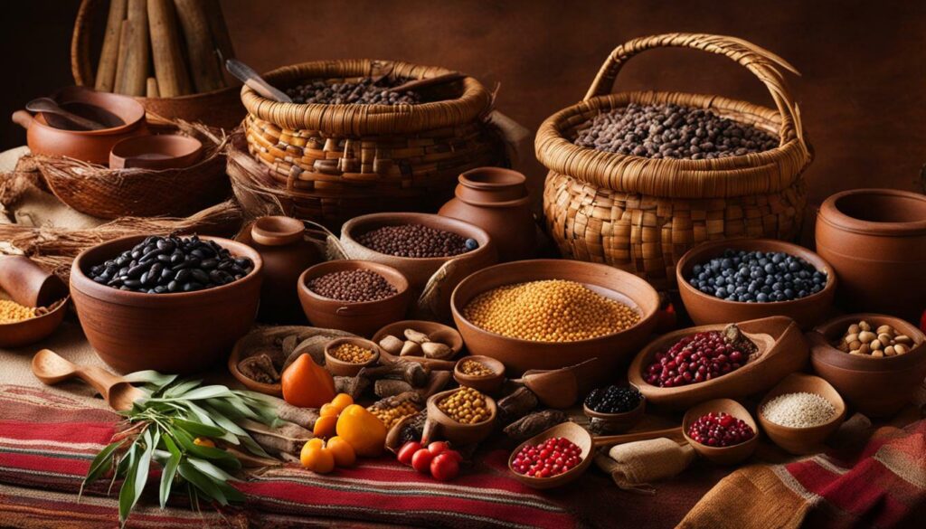 Traditional Native American ingredients and cooking utensils